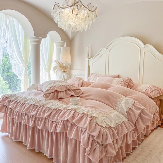 French Pink Velvet Bedding Set, Princess Ruffle Lace a287 Duvet Cover, Romantic Double-Layer Bedskirt Set, Luxury Coquette Cottagecore Decor
