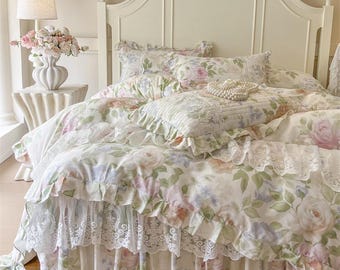 Vintage Floral Lace Cotton Bedding Set a227 Shabby Chic Duvet Cover with Ruffles Roses