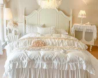 White Pink Ruffle Cotton Duvet Cover Set a179 Princess Cottagecore Bedding with Lace Trim