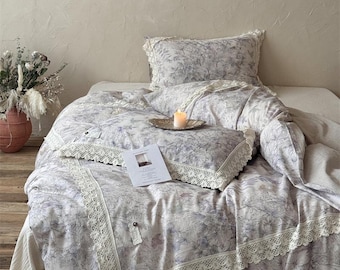Lavender French Floral Duvet Cover: a197 Linen Cotton Vintage Lace Trim Bedding