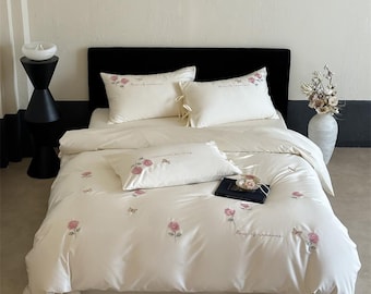 Cream Floral Embroidered Cotton a22 Duvet Cover Set: Rose Butterfly Detail
