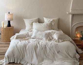 Rustic Linen Ruffle Linen Cotton Bedding Set a267 Embroidered Wildflower Duvet Cover Farmhouse Cottagecore