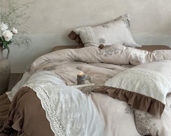Vintage Floral Cotton a240 Duvet Cover Set: French Country Lace Trim