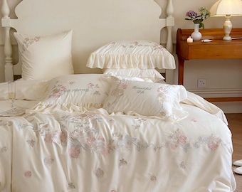 Floral Embroidered Egyptian Cotton 1000TC Bedding Set: Ruffled Cottagecore a1 Duvet Cover