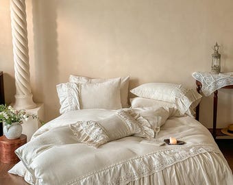 Cream Ruffled Linen Duvet Cover Set: French a43 Cottagecore Lace Bedding