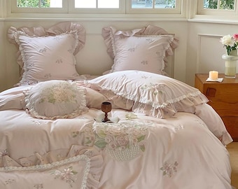 French Blush Pink Ruffled Floral Cotton Bedding Set a18 Embroidered Duvet Cover with Lace Trim Princess Cottagecore Style