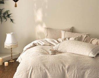 Romantic Beige Jacquard Linen Duvet Cover Set a65Vintage Lace Bedding for Cottage, Shabby French Country Style