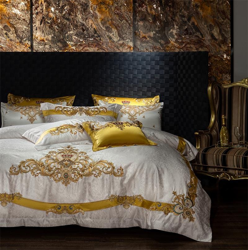 Luxury Baroque Egyptian Cotton 1000TC Bedding Set A232 White Gold