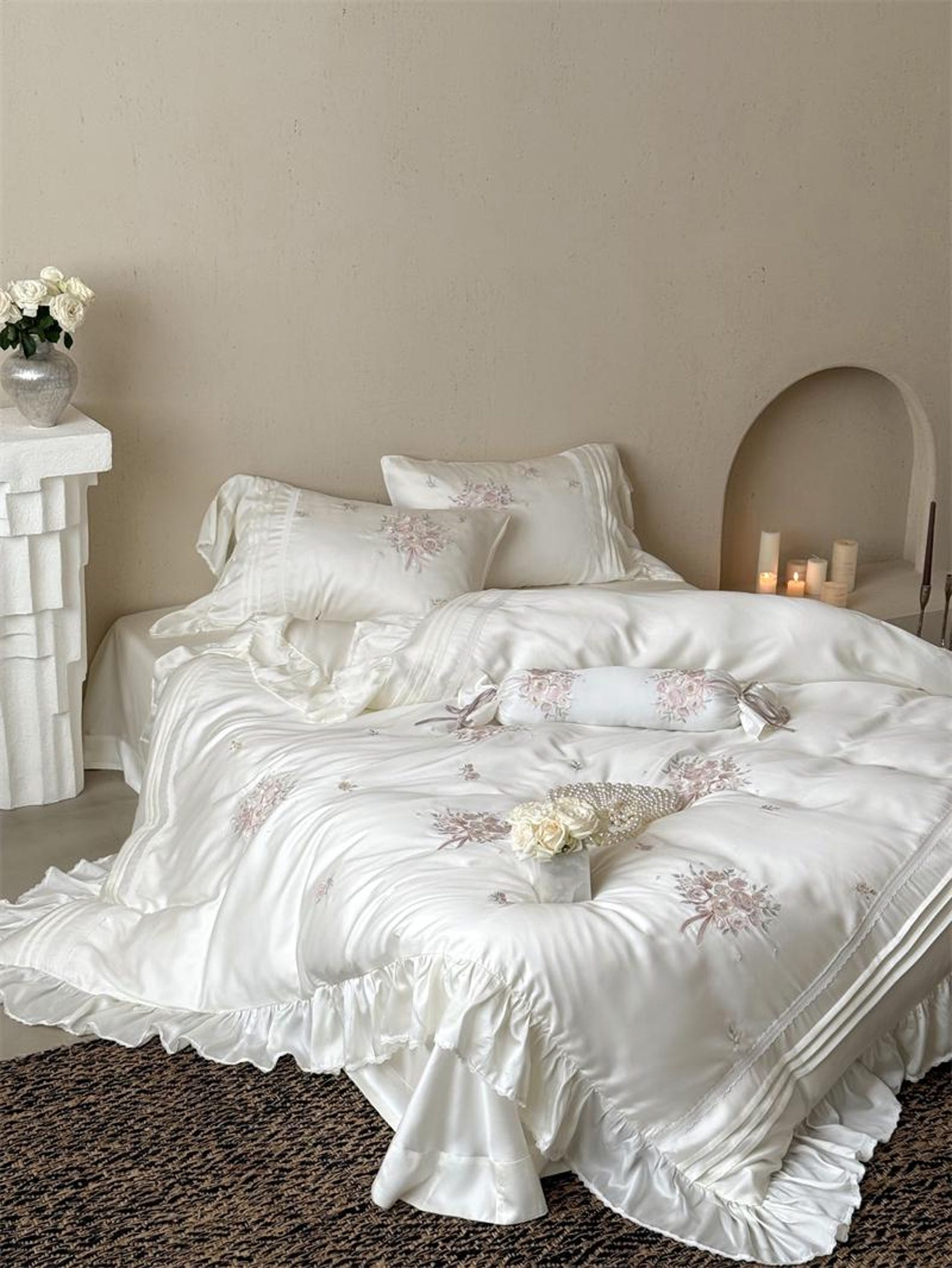 White Ruffled Embroidered a193 Duvet Cover: 800TC Lyocell Cotton Floral Bedding