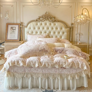 May include: A lavish bed featuring a cream-coloured, button-tufted headboard and coordinated bedding. The bedding showcases a soft pink and cream colour scheme with delicate lace and floral patterns. The bed is dressed with numerous pillows and a decorative bed skirt.