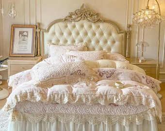 French Baroque Quilted Lace Velvet Bedding Set, Luxury Pink Vintage a277 Bedspread, Elegant Princess Bed Cover with Skirt