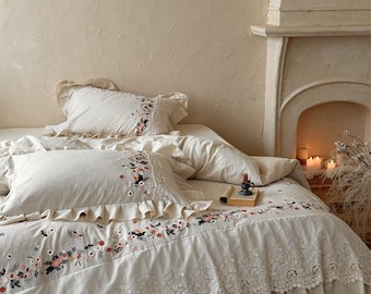 Floral Embroidered Linen Cotton Bedding Set a237 Cottagecore Ruffle Duvet Cover