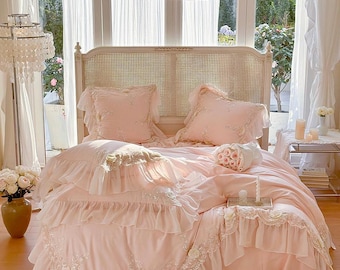 Blush Pink White Lace Cotton Bedding Set a19 Embroidered Floral Duvet Cover with Chiffon Ruffles Princess Bridal Style