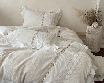 Vintage White Lace Linen Cotton Bedding Set a218 Duvet Cover, Scalloped Elegant French Cottagecore Style