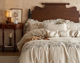 Gray Embroidered Floral Linen Bedding Set - Ruffled a248 French Cottagecore Queen/King