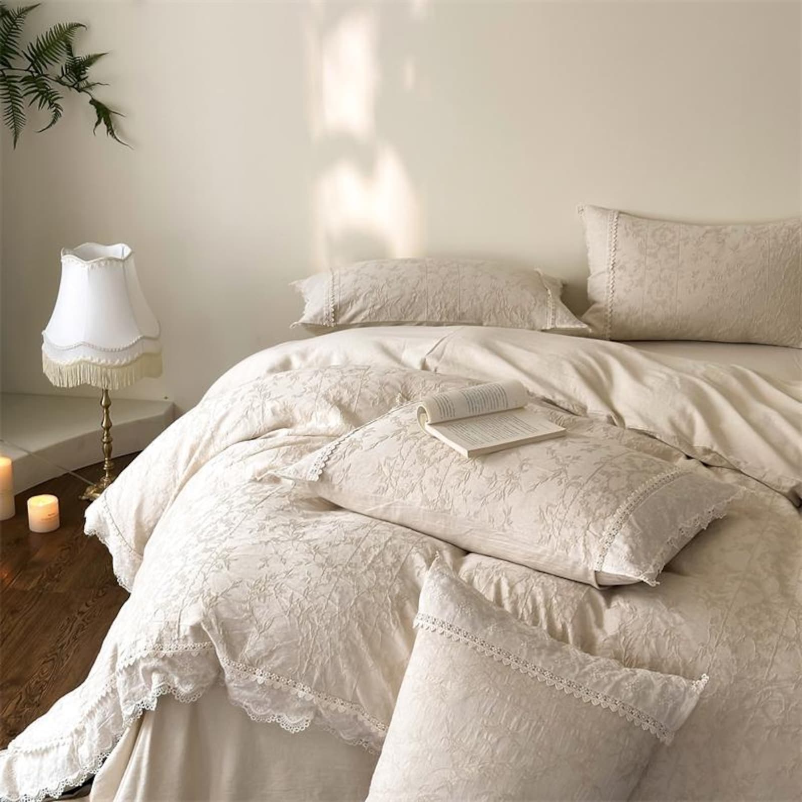 Vintage Botanical Linen Duvet Cover Set a64 Beige Floral Jacquard Bedding with Delicate Lace Trim for Cozy Cottage Bedroom