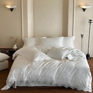 Elegant White Lace Egyptian Cotton 1000TC Bedding Set a222 Minimalist Duvet Cover with Delicate Embroidered Trim