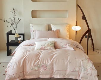 Blush Pink Peony Embroidered 1000TC Egyptian Cotton Bedding Set, Oriental Floral Duvet Cover, a293 Minimal Romantic Bedroom Decor