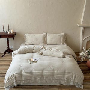 Vintage Inspired Linen Cotton Duvet Cover Set a178 Embroidered Beige Bedding with Lace Trim