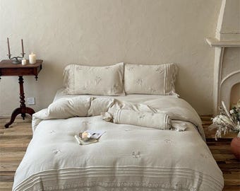 Vintage Inspired Linen Cotton Duvet Cover Set a178 Embroidered Beige Bedding with Lace Trim