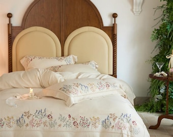 Cottagecore Wildflower Embroidered Linen Duvet Cover a82 Cream Bedding Set with Colorful Meadow Floral Stitching