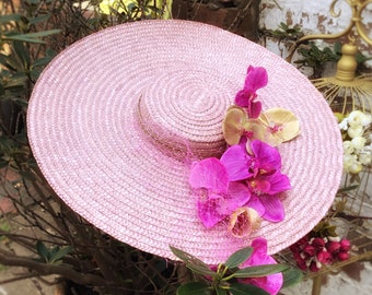 Straw hat with flowers,pink Wide brim hat,Tea party hats,Boho wedding hat,Straw derby hats,Straw boater,hat for races,Canotier flower hat