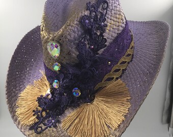 Cowboy hoed lila + Festival Party stro gele hoed Strass, Cowgirl &Gemastone Verfraaid, boho, Cowboy Hat. De hoed van het festival