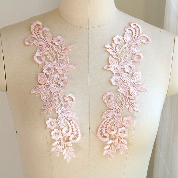 BABY PINK Venice Lace Applique, Mirrored Pair for Prom Dress, Bridal, Ballet, Straps, Ballroom Gown, and Custom Garments; Peach color A174-A