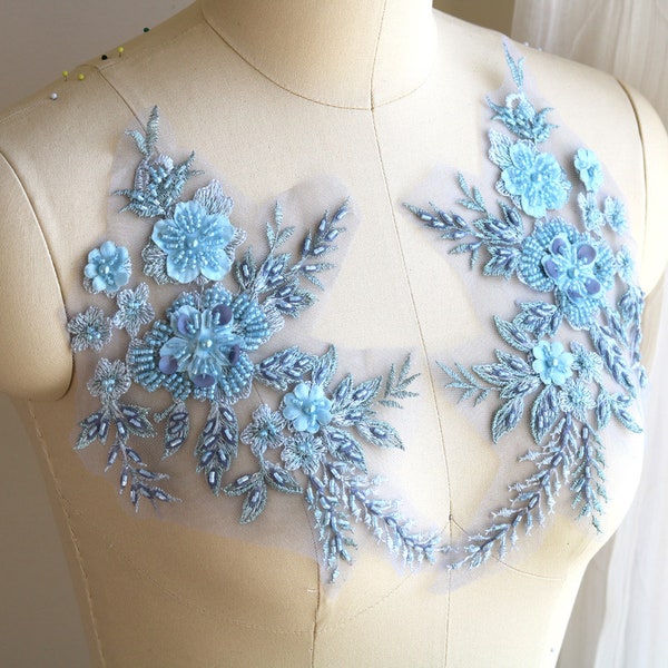 A011-g Hand Beaded Sky Blue Lace Applique, Lace Applique for Dancing Costume, Head Piece Lace, Prom and Evening Dress Lace, Blue Lace Belt