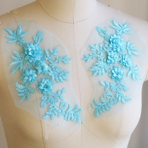 Aplique de renda bordada 3D AZUL CÉU, padrão de flor de par espelhado para roupas, fantasias de dança, vestidos de alta costura. Azul Gelo A088-G