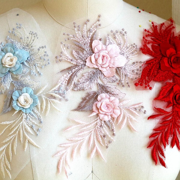 Blue Pink Red Lace Applique with 3D Flowers for Dancing Costumes, Rose Gold Headpieces Lace Appliqué for Lyrical Dancing Costumes A256