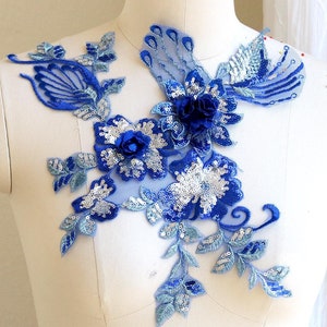 KONINGSBLAUW, ZILVER 3D Rose Sequin Naai de Patch Kant Applique voor Danskostuums, Formele Toga's, Trouwjurken, Galajurken A251-B