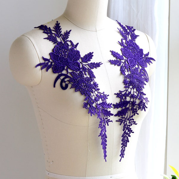 ROYAL PURPLE Venice Applique Lace Pair for Ballet, Ballroom Dance Costume, Garments, Prom Dress, Costume Design, Mirrored Pair A121-D