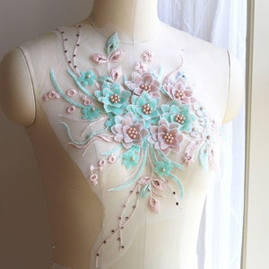 SPRING PINK, MINT Green 3D Costume Lace Applique with Pearls and Beads for Dancing Costume, Evening Dress, Cute Prom Dress, Skirt A120-A