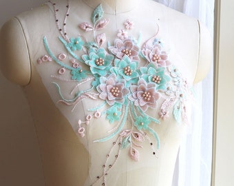 A120-a Pink Mint Green Sequin Lace Applique, Costume Lace Applique with Pearl and Beads, Cute Prom Dress Evening Dress Lace Applique