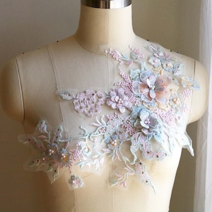 PASTEL (rosa bebê, azul, menta) 3D pérola frisada corpete flor e folhas renda apliques para traje de dança, vestido de noite, vestido de baile A016-G