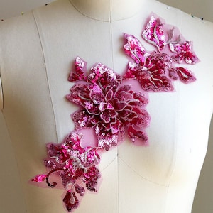 HOT PINK 3D funkelnde Pailletten-Blumen-Spitzen-Applikation, reines Pailletten-Bling-Design für Tanzkostüm, Ballett, Kleider, Schärpe, Abschlussballkleid A190-C