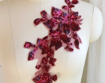 BURGUNDY Lace Applique, Dark Red Shiny Sequin Flower and Leaves Design for Lyrical Dancing Costumes, Gowns, and Garments; Wine Color A173-G