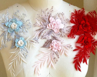 Blauw roze rood kant applique met 3D bloemen voor danskostuums, Rose Gold hoofddeksels kant appliqué voor lyrische danskostuums A256