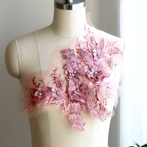 Aplique de encaje adornado en oro rosa con flores 3D, lentejuelas, cuentas y diamantes de imitación de 2 quilates para disfraz de baile, vestido de noche o vestido de fiesta A098-H