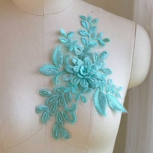 MINT GREEN 3D Lace Applique, Blue Green Sequin with Flower and Leaf for Lyrical Dancing Costume, Evening Gown, Prom Dress, Ballet A175-F