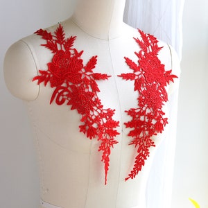 BRIGHT RED Venice Applique Lace Pair for Ballet, Ballroom Dance Costume, Garments, Prom Dress, Costume Design, Mirrored Pair A121-C