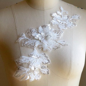 Aplique de encaje con lentejuelas 3D brillantes en color blanco y plateado, diseño de lentejuelas brillantes para disfraces de baile, ballet, vestidos, fajas y vestidos de fiesta A190-B