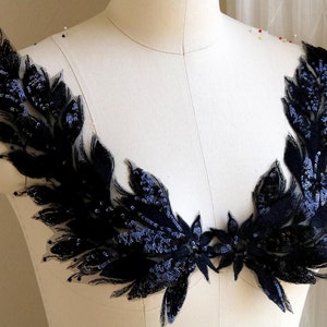 Appliques en dentelle à sequins aile de phénix NOIR pour vêtements, appliques en dentelle pour costume de danse, robe de bal brillante, robe de soirée A266-E