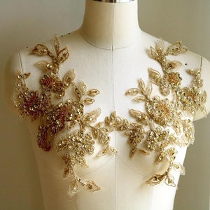 GOLD Perlen 3D Spitzen Applikationen Paar, handgemacht mit Sew On Beads für Lyrical Dance Kostüm Applikationen A193-E