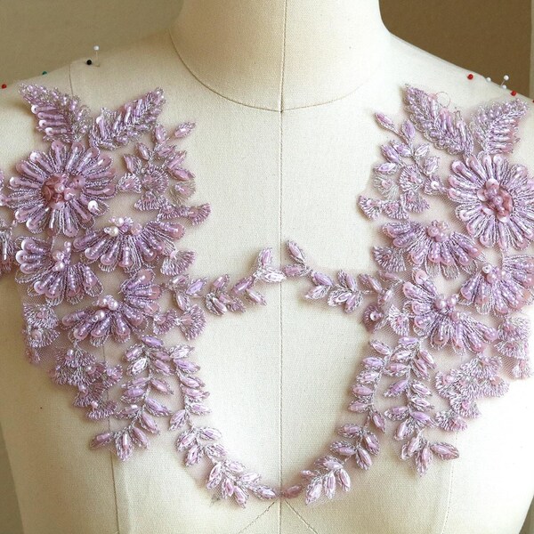 LILAC LAVENDER Hand Beaded Lace Applique with Sequin for Dancing Costumes, Dusty Pink, Light Purple Lace Appliqué for Garments A268-D