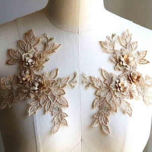 CHAMPAGNE 3D Florale Spitzenapplikation mit Blumen und Blättern, Goldspiegel-Paar für Tanzkostüme, Kleidungsstücke, Kleider A189-G