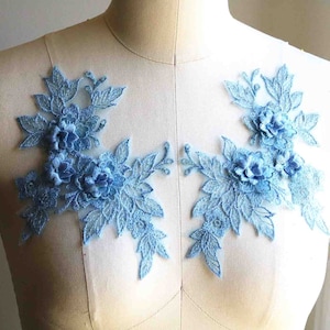 Aplique de renda floral 3D AZUL CÉU com flores e folhas, par de espelhos para fantasias de dança, roupas, vestidos A189-J