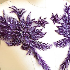 Paire d'appliqués 3D faits main VIOLET ROYAL, dentelle perlée pour costume de danse lyrique, robe de bal, robe de bal, ballet, jupe A259-D