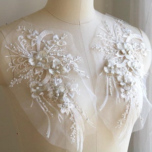 LIGHT CHAMPAGNE Faux Pearl Beaded 3D Flower Lace Applique for Lyrical Dance Costume, Evening Gown, Ballet, Head Piece, Garments A205-A